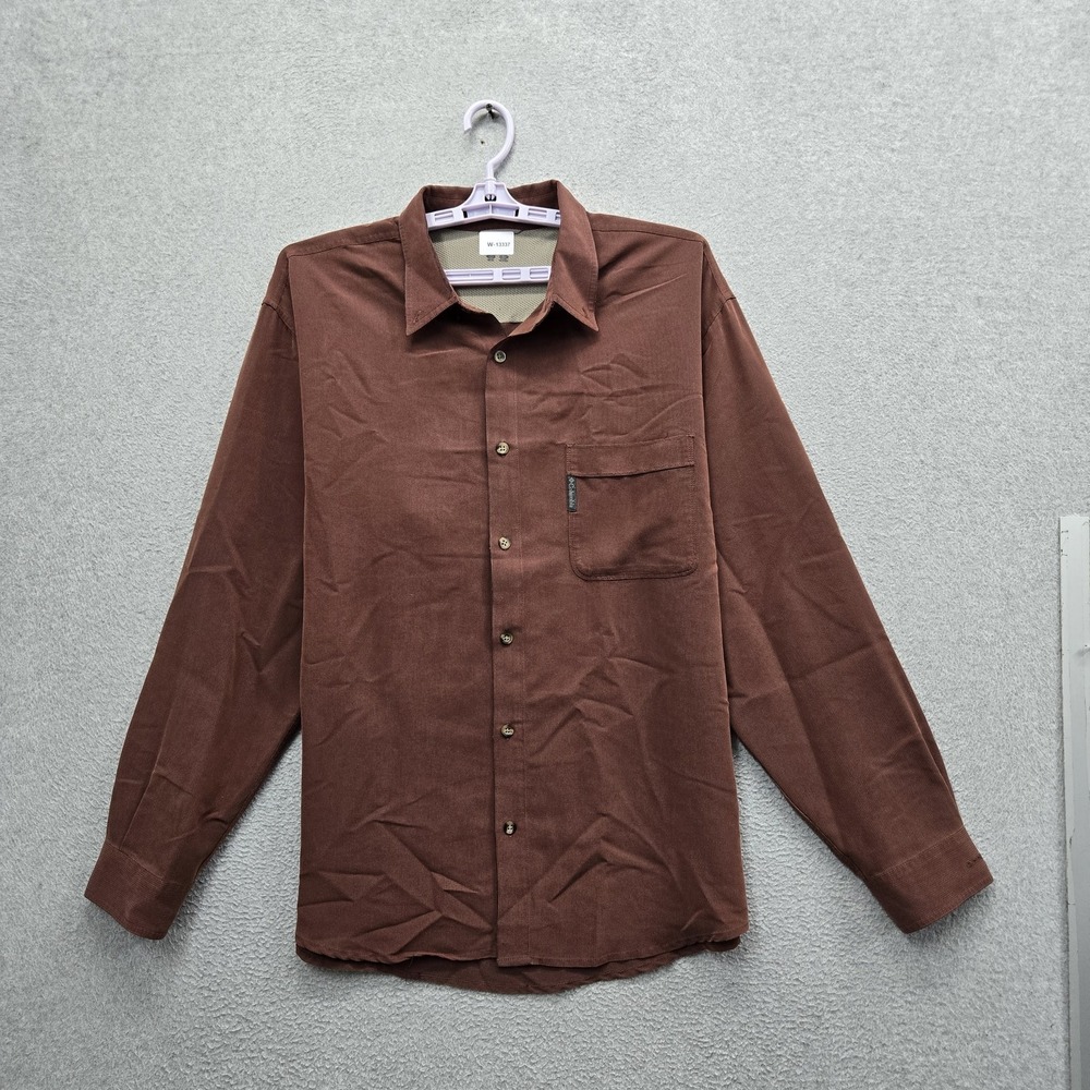 Columbia Men Button Up Shirt XL Brown Activewear Logo Long Sleeve Mesh Vent Fish